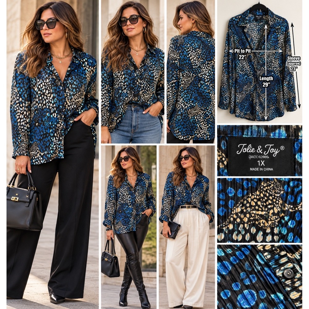 Leopard Print Pleated Blouse 1X Blue Maximalist Animal Print Glam Jolie & Joy